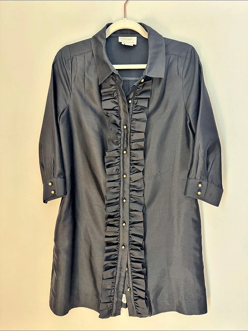 Kate Spade Bethanne Silk Ruffle Front Shirt Dress Black Gold Buttons Lace Hem M